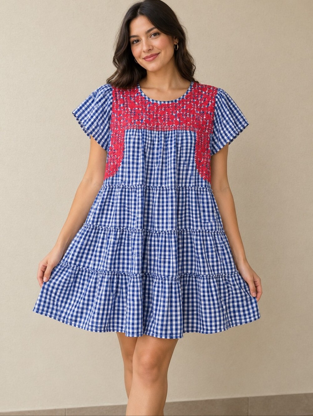 J.Marie Blue Gingham Pink Embroidered Dress- Size L